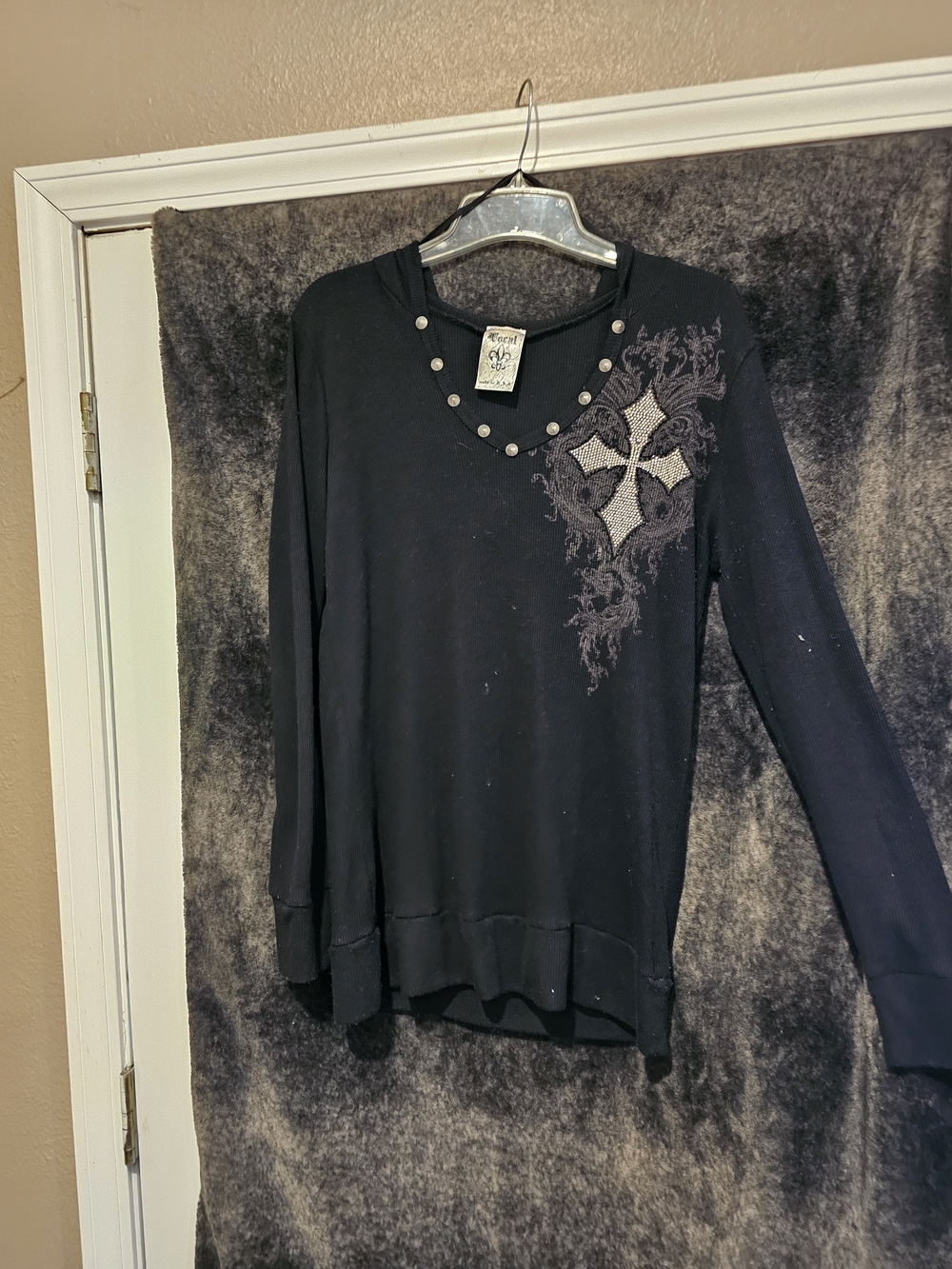 Black Embellished Cross Crewneck Top